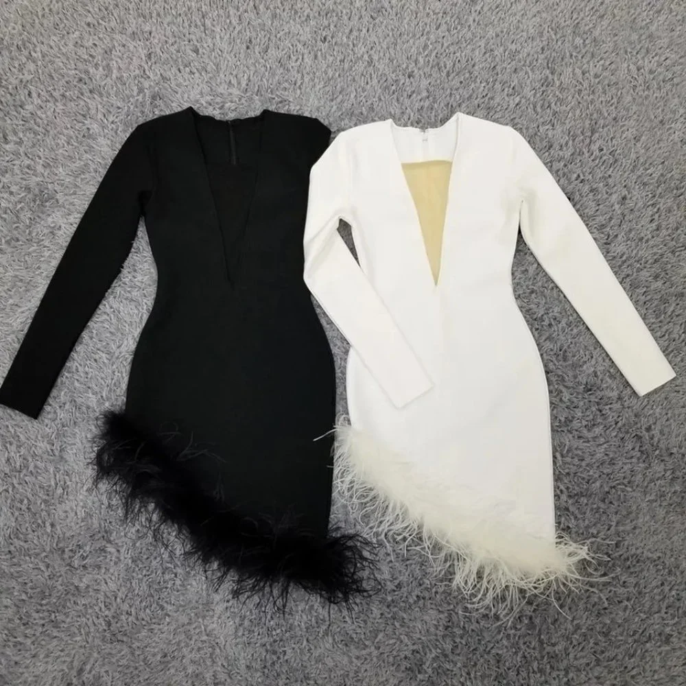 Classy Long Sleeve Feather Dress - Picture 3 of 4